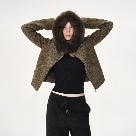 NUTH复古修身短款摇粒绒连帽卫衣厚外套女 棕色/灰色 商品图1