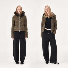 NUTH复古修身短款摇粒绒连帽卫衣厚外套女 棕色/灰色