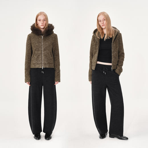 NUTH复古修身短款摇粒绒连帽卫衣厚外套女 棕色/灰色 商品图0