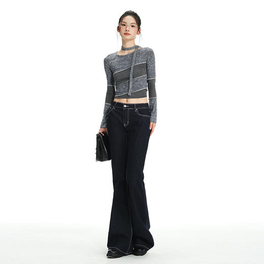 罗蒙女士春秋牛仔裤深色复古低腰微喇百搭显瘦宽松拖地喇叭小个子裤子 商品图1