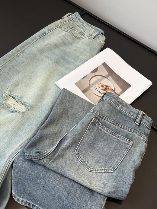 会员福利【高阶感+小个子天菜】拉夏贝尔/La Chapelle美式复古破洞牛仔裤女时尚设计感水洗直筒九分裤 商品图7