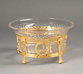 独角鹿西洋古董1870年代法国拿破仑三世时期出品狮首花环主题铜鎏金精雕装饰菱格纹切割水晶果樽