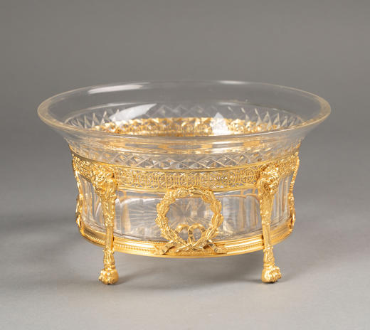 独角鹿西洋古董1870年代法国拿破仑三世时期出品狮首花环主题铜鎏金精雕装饰菱格纹切割水晶果樽 商品图0