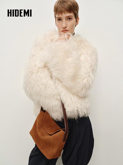 HIDEMI 进口新西兰长毛羊羔毛环保未染色皮毛一体外套 自然白 商品图7