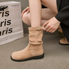 西遇复古中筒骑士靴女新款秋季英伦风圆头褶皱堆堆靴棕色短靴D0047435 商品缩略图2