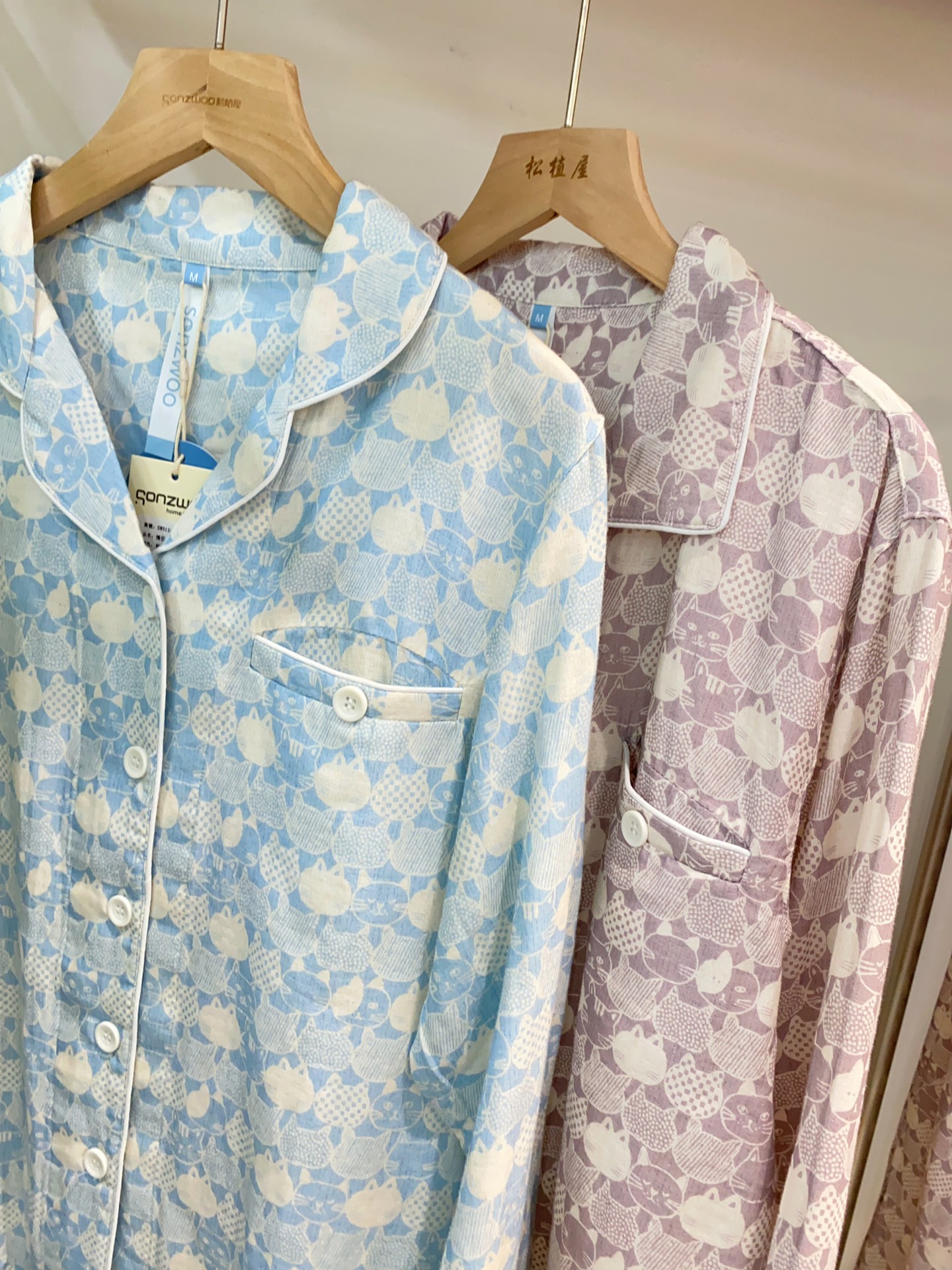 松植屋情侣款猫头长袖长裤纱布睡衣春秋男女全棉家居服套装