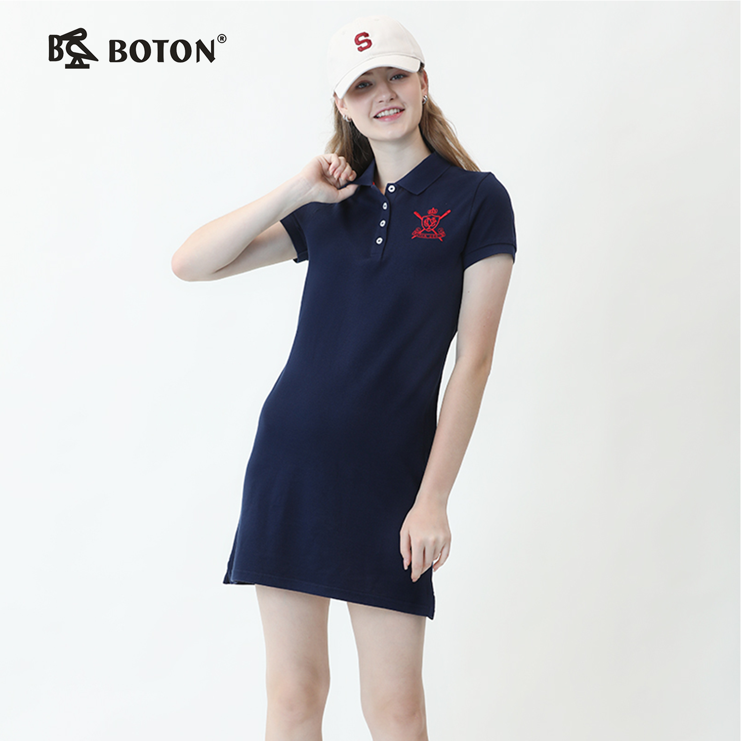 波顿女士春夏季时尚大码印花短袖美式polo针织连衣裙LD217220