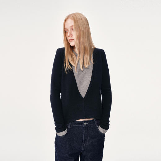 NUTH 假两件撞色修身正肩v领针织衫上衣女 棕色 商品图5