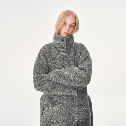 NUTH 羊毛混纺宽松保暖中长款毛呢大衣外套女 灰色/白色 商品图2