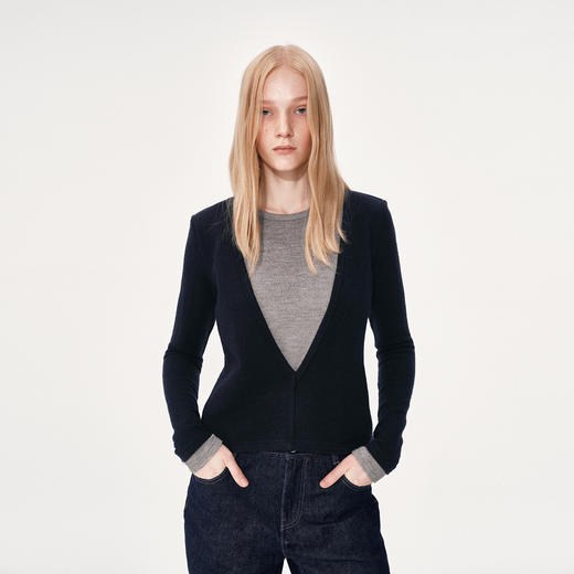 NUTH 假两件撞色修身正肩v领针织衫上衣女 棕色 商品图4