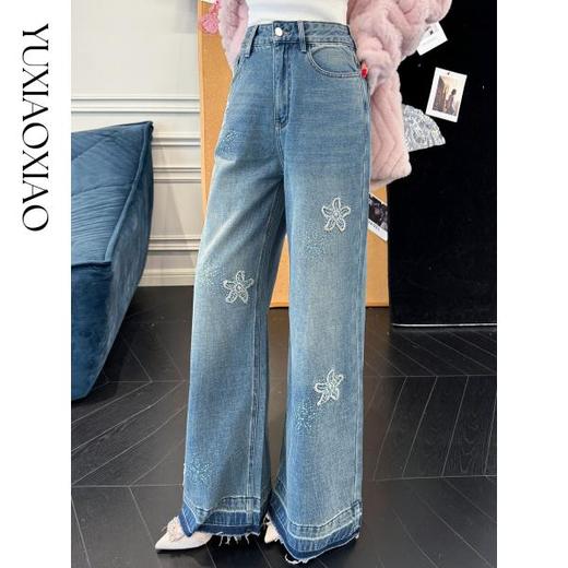 余潇潇【花落流星】时尚拼不规则彩钻立体拉毛贴布绣下摆宽边牛仔裤 商品图4