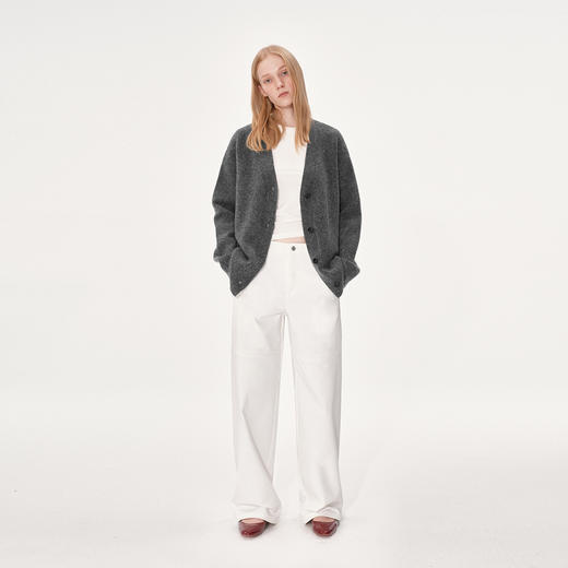 NUTH 羊毛混纺V领宽松保暖中长款毛衣针织开衫女 浅灰色/深灰色 商品图4