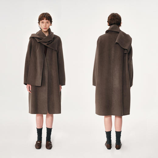NUTH 羊毛混纺复古宽松围巾披肩长款毛呢大衣厚外套女 商品图0