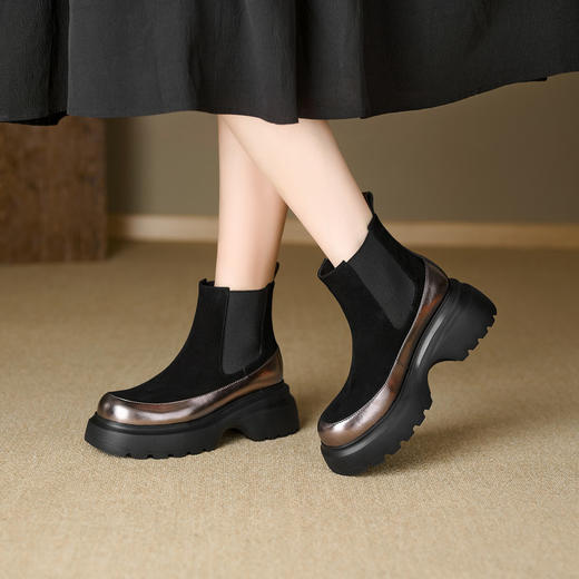【预售5天】复古风拼接厚底短靴女秋冬新款圆头小个子粗跟切尔西烟筒靴女KLS&S1182 商品图0