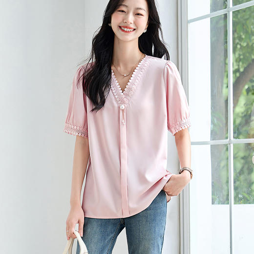 女士短袖雪纺衫夏季新款遮肚大码洋气上衣设计感小众V领气质小衫 商品图1