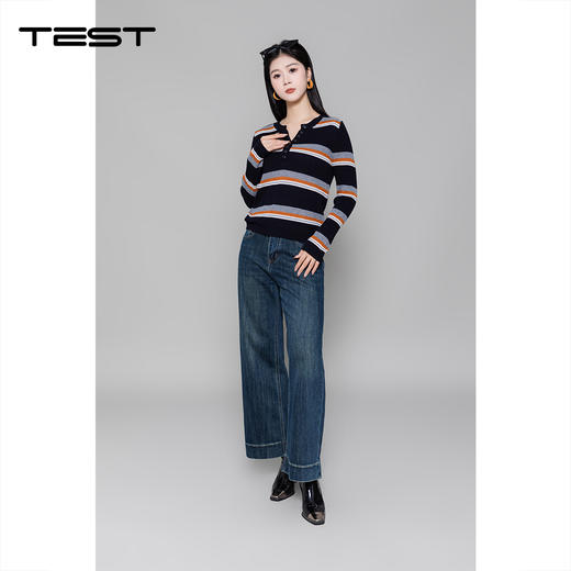 冬上新复古撞色条纹小V领纽扣设计毛衣1254039 商品图1