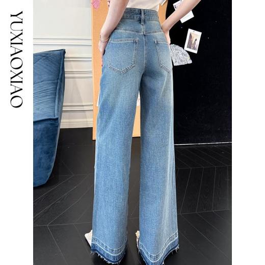 余潇潇【花落流星】时尚拼不规则彩钻立体拉毛贴布绣下摆宽边牛仔裤 商品图3