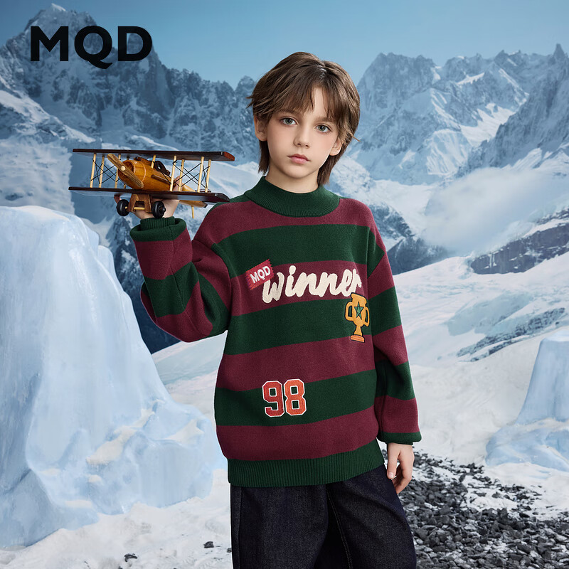 【MQD】冬季男大童学院风条纹撞色字母半高领毛衣