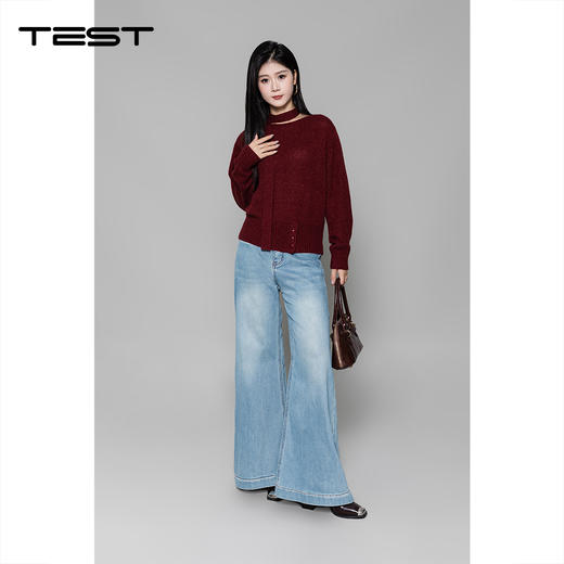 冬上新宽松慵懒版型酒红色挂脖露肩毛衣1254038 商品图1