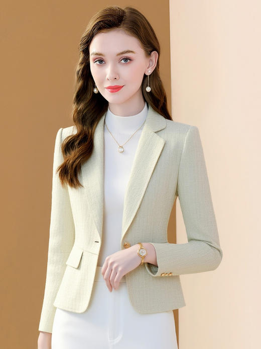 「自」全新升级【铂金会员183/天猫249/差价66】(14821)洛诗琳小香风纯色西装外套女2025秋冬新款气质通勤显瘦粗花呢小西服 商品图2