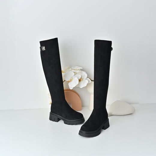 经典鲨2025冬季新款百搭黑色中粗跟过膝长筒弹力靴瘦瘦靴女KW96-558051 商品图6