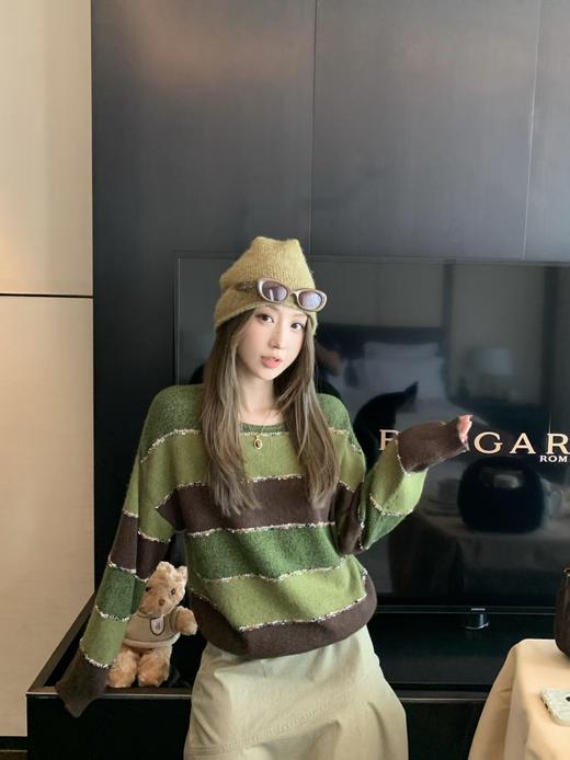 抹茶可可棕三色碰撞条羊毛混纺毛衫 商品图3