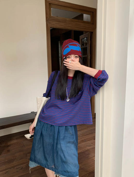 【10月15日 下午16:00 秒杀】秋季 口袋小猫 韩系chic撞色 宽松条纹长袖T恤 商品图7