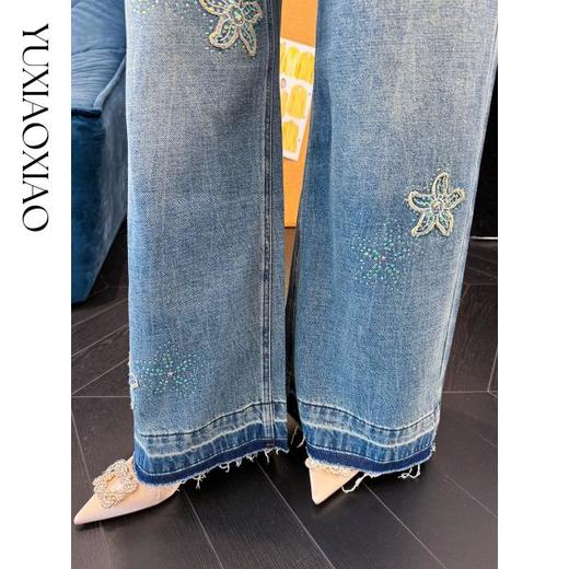 余潇潇【花落流星】时尚拼不规则彩钻立体拉毛贴布绣下摆宽边牛仔裤 商品图2