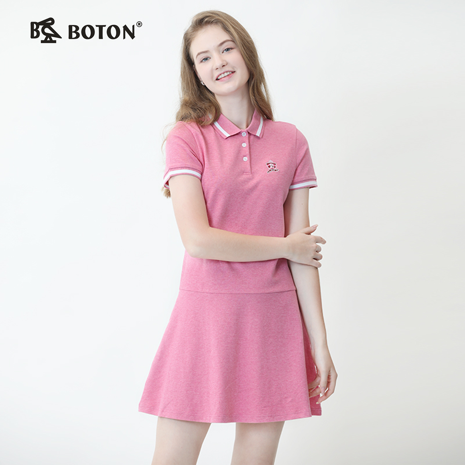 波顿夏季短袖Polo连衣裙美式女气质大码高端粉色A字裙子LD216220