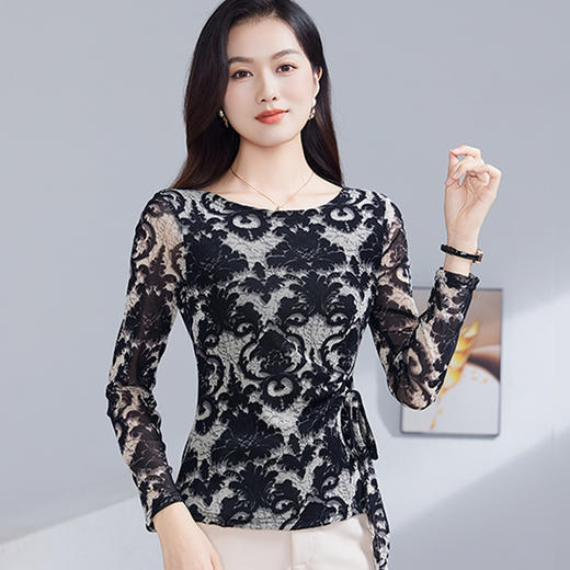 雀说新款印花圆领长袖t恤女装气质收腰百搭打底衫显瘦上衣AL53107 商品图3