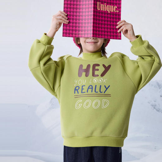 【MQD】冬季新品男大童学院风字母插肩袖半高领加绒卫衣 商品图3