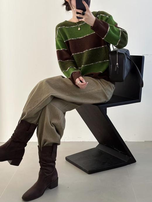 抹茶可可棕三色碰撞条羊毛混纺毛衫 商品图1