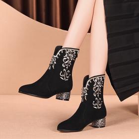 【预售5天】优雅气质中跟羊皮刺绣短靴，粗跟单靴大码配旗袍鞋XC&9608