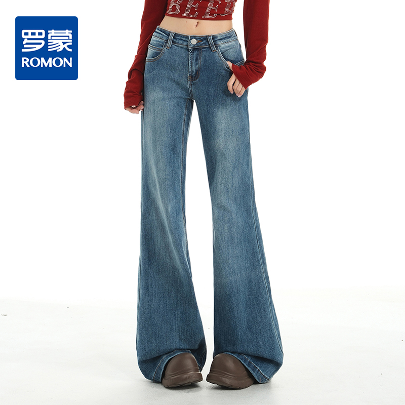 罗蒙女士春秋款复古蓝微喇直筒高腰百搭显瘦宽松喇叭不贴腿拖地长裤子