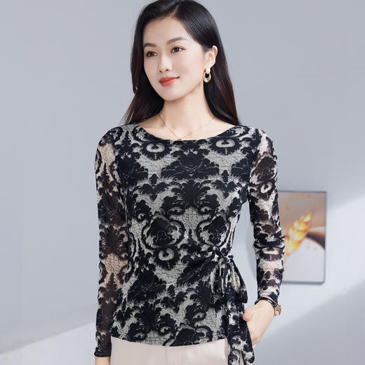 雀说新款印花圆领长袖t恤女装气质收腰百搭打底衫显瘦上衣AL53107 商品图0