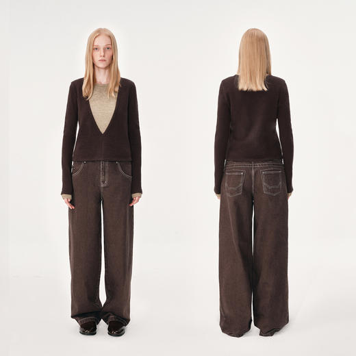 NUTH 假两件撞色修身正肩v领针织衫上衣女 棕色 商品图1