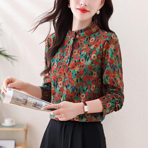 KQL 458H3566时尚长袖立领减龄衬衫上衣 商品图2