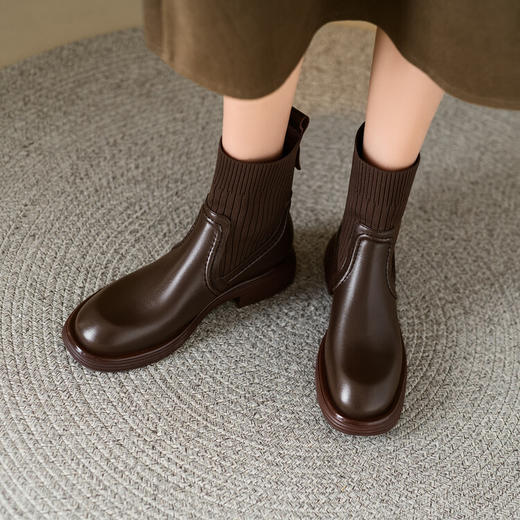 【预售5天】秋冬巨好看洋气牛皮毛线筒马丁靴女英伦风中跟粗跟短靴女XMV&H315 商品图4