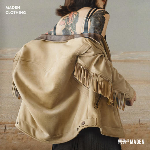 马登巴恩风卡其撞色翻领绒面麂皮流苏底特律工装夹克外套女士秋冬 商品图0