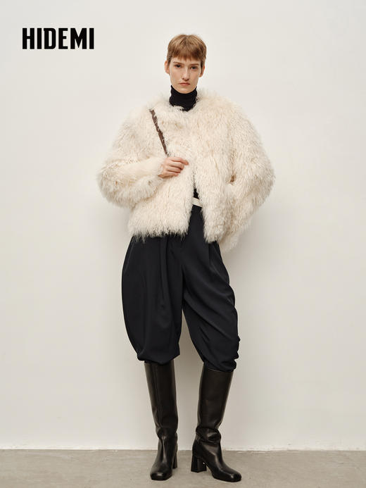 HIDEMI 进口新西兰长毛羊羔毛环保未染色皮毛一体外套 自然白 商品图5