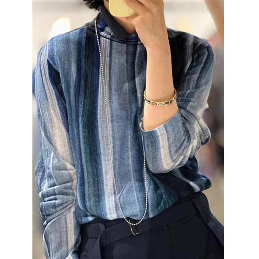 雀说流行巨好看的轻熟单穿长袖上衣蓝色条纹晕染t恤女装AL 商品图1