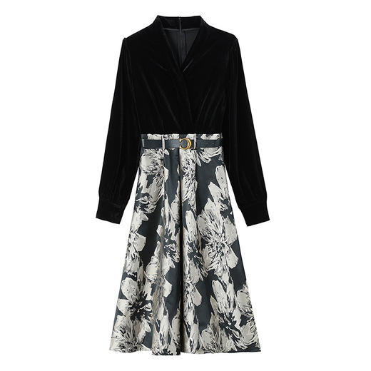 雀说丝绒提花连衣裙气质复古高级感收腰假两件裙AL8577 商品图4