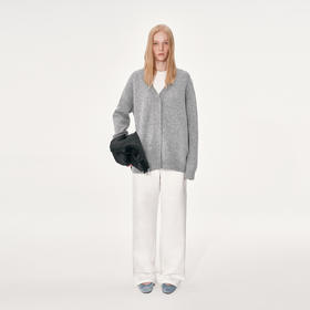 NUTH 羊毛混纺V领宽松保暖中长款毛衣针织开衫女 浅灰色/深灰色