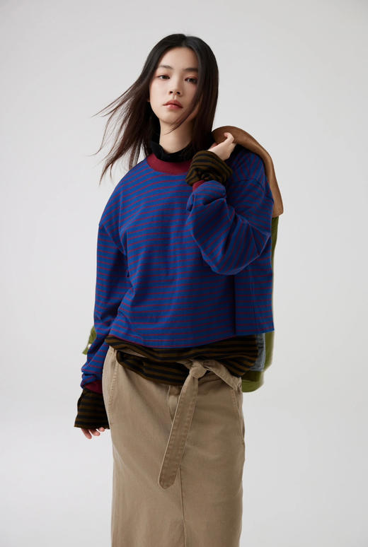 【10月15日 下午16:00 秒杀】秋季 口袋小猫 韩系chic撞色 宽松条纹长袖T恤 商品图4