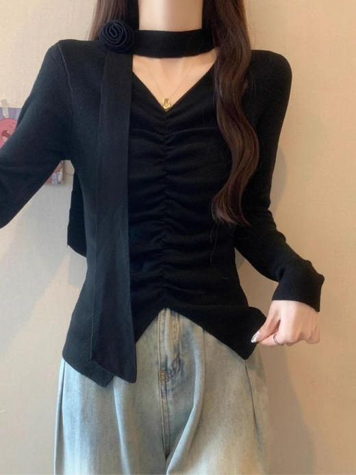 【敲百搭】辣妹性感立体花朵飘带挂脖红色V领针织T恤秋冬时尚打底衫上衣ins。rc 商品图4