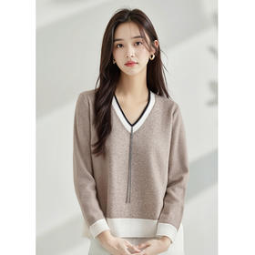 丁摩新款v领长袖山羊绒撞色针织衫女设计感重工链条时尚上衣AL21254
