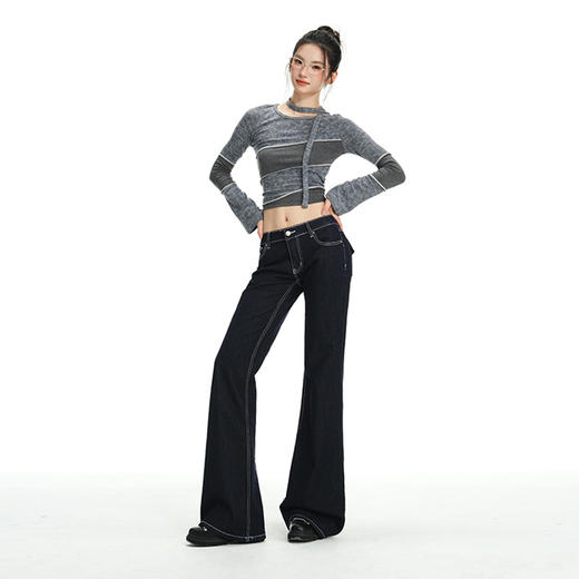 罗蒙女士春秋牛仔裤深色复古低腰微喇百搭显瘦宽松拖地喇叭小个子裤子 商品图3