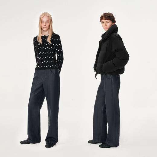 NUTH 复合宽松直筒皮裤加绒保暖休闲裤女 藏青色 商品图1