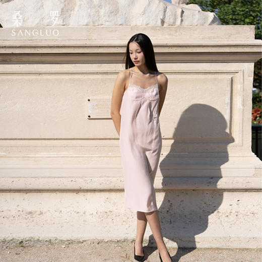 花语雾粉桑罗轻性感真丝吊带裙100%桑蚕丝女蕾丝家居服可外穿 商品图3