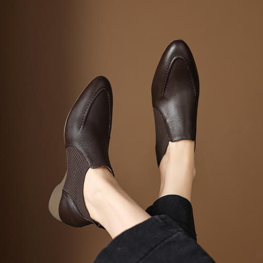 【预售5天】小羊皮坡跟针织深口单鞋，粗跟女士皮鞋中跟拼接裸靴YF&A8877 商品图2